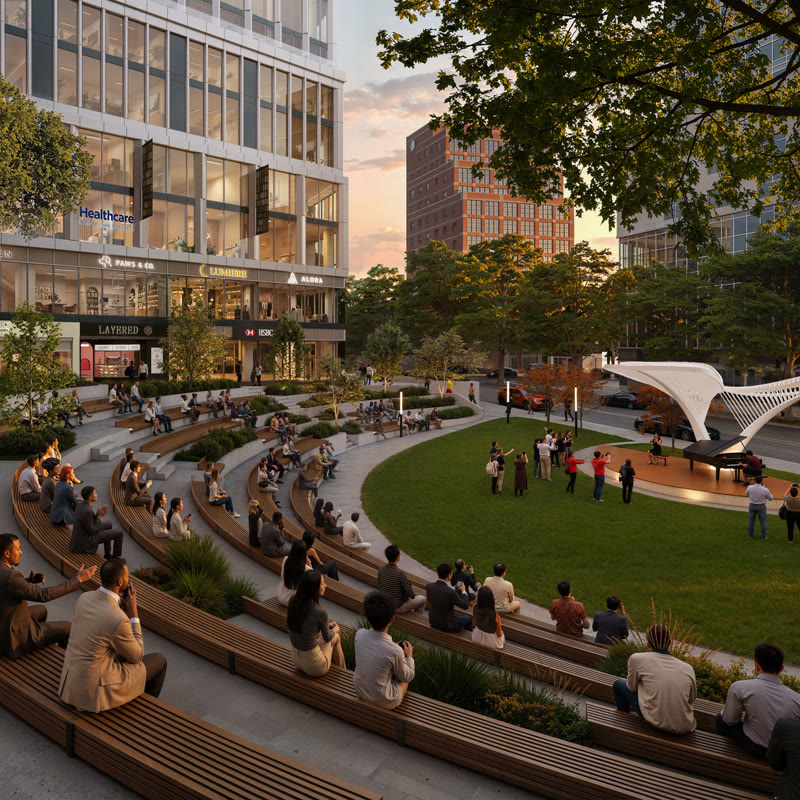 People gathered on the terraced amphitheater seating