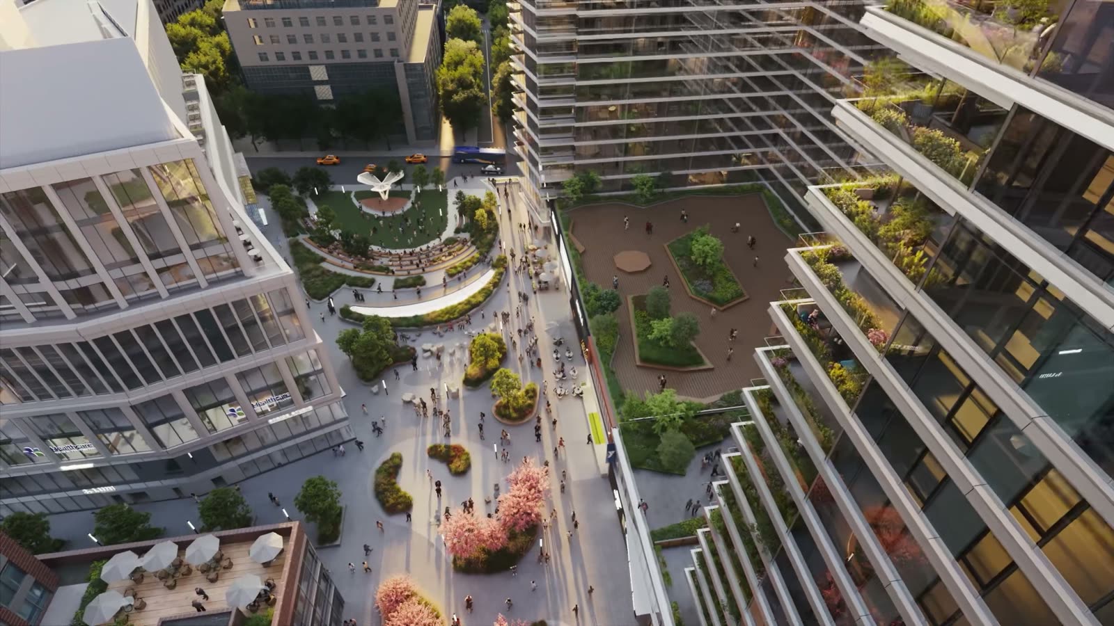 Aerial view of the Flushing Commons plaza