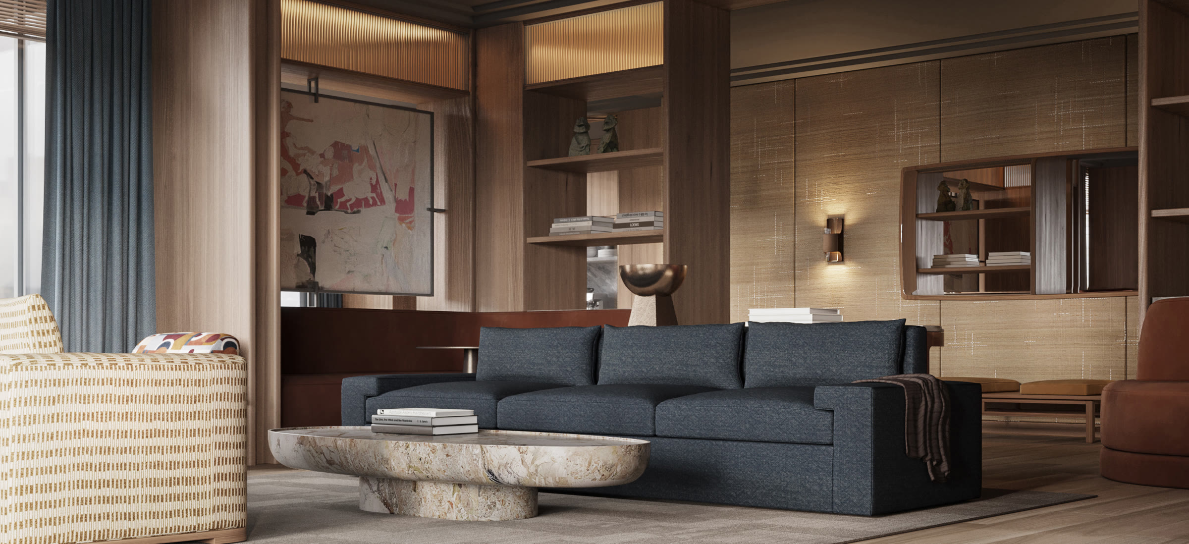 A warmly lit residence living room